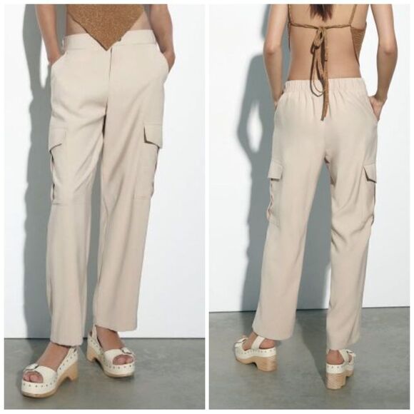 Zara Cargo Straight Pants New Light Camel - Picture 2 of 11